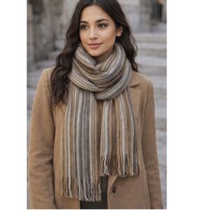 Shupac Alpaca Blend Striped Scarf Handmade Ecuador Fringe Neutral, unisex, cozy